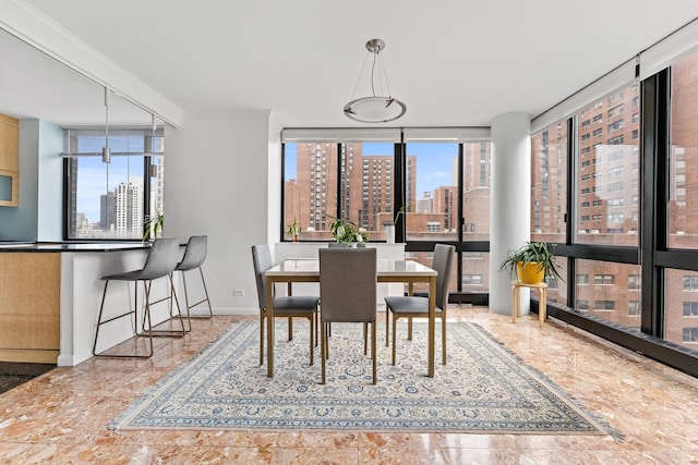 dining space featuring a view of city and baseboards