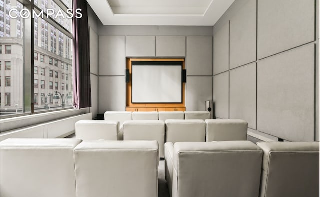 cinema room with a raised ceiling