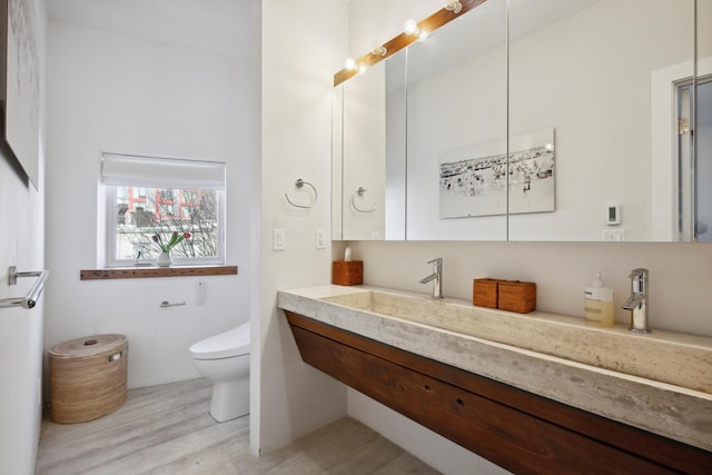 bathroom with wood finished floors, toilet, and vanity