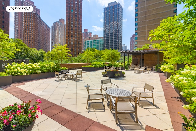 345 E 93rd St Unit 2E, New York City, NY 10128 - view of patio with a view of skyline and a pergola