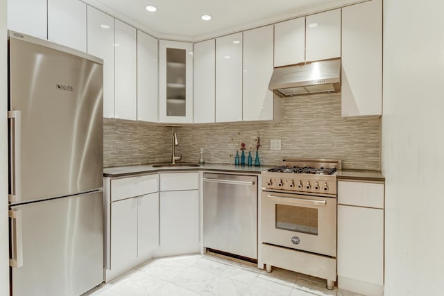 kitchen with stainless steel appliances, white cabinetry, a sink, and ventilation hood