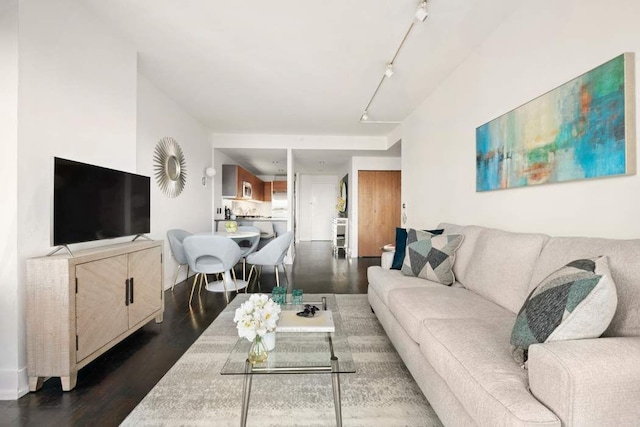 living room with track lighting and dark wood-type flooring