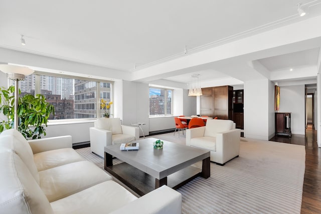 living area with a view of city, baseboards, and wood finished floors