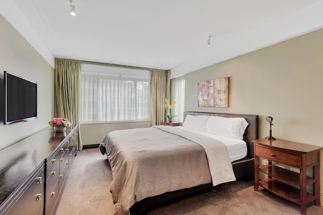 bedroom with light colored carpet