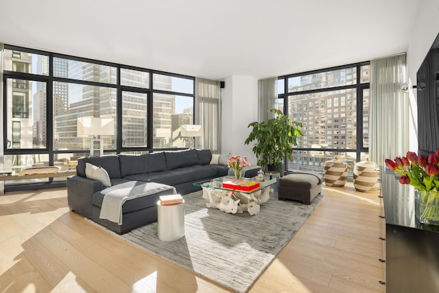 living room with expansive windows, wood finished floors, and a city view