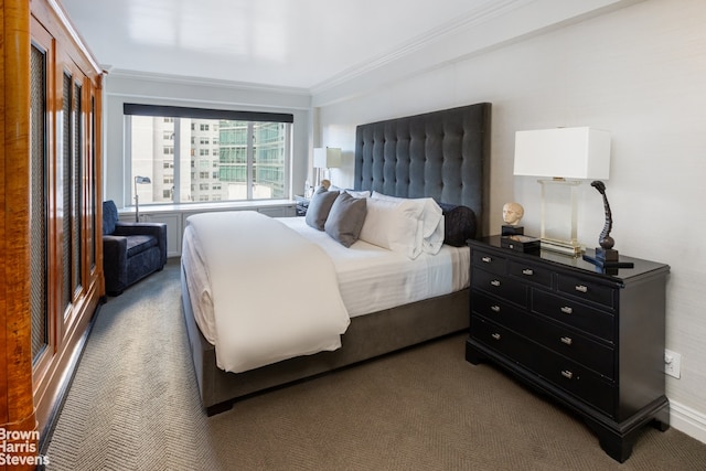 carpeted bedroom with crown molding