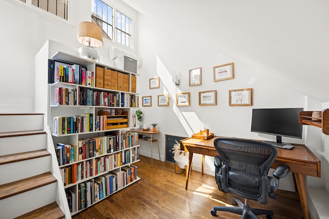 office featuring wood finished floors and baseboards