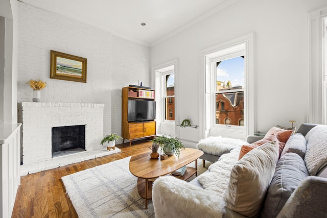 living area featuring crown molding, a fireplace, and wood finished floors