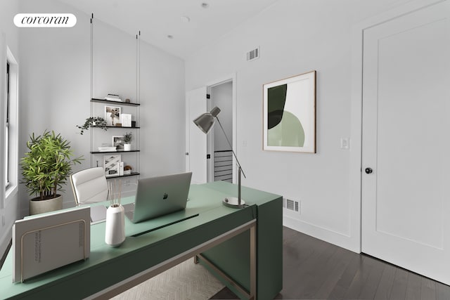 office space with dark wood-style floors, baseboards, and visible vents