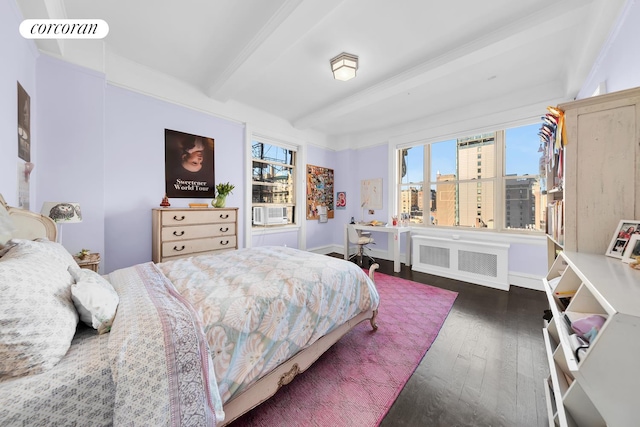 bedroom with visible vents, baseboards, hardwood / wood-style flooring, radiator heating unit, and beamed ceiling