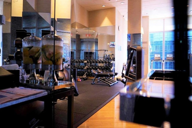 workout area featuring a wall of windows and wood finished floors