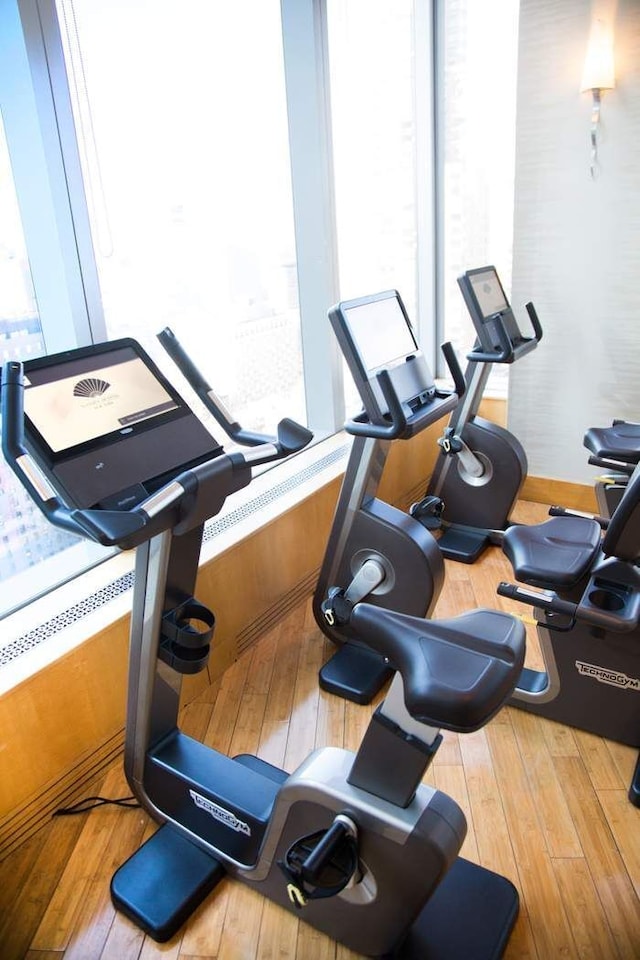 exercise room with wood-type flooring