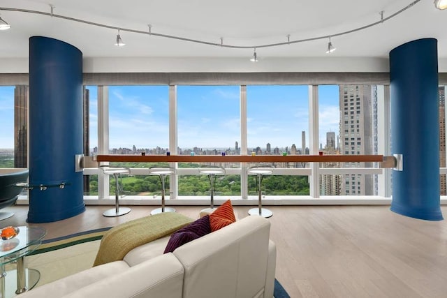 living room with rail lighting, a view of skyline, and wood finished floors