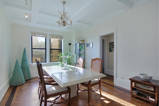 dining space featuring an inviting chandelier, coffered ceiling, beam ceiling, and baseboards