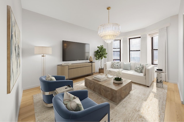 living area with baseboards, light wood-type flooring, and a notable chandelier