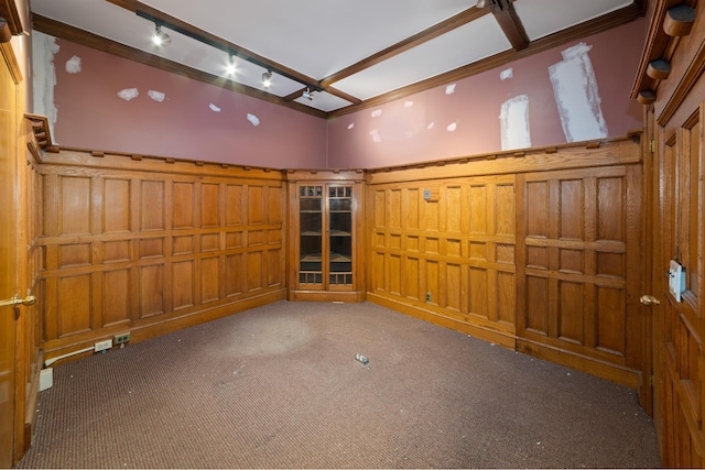 carpeted spare room with a decorative wall and track lighting