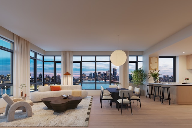 living room with a view of city, light wood finished floors, a water view, and plenty of natural light