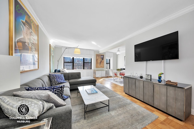 living room with crown molding