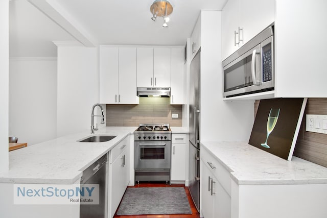 245 E 54th St Unit 19K, New York City, NY 10022 - kitchen with high quality appliances, a sink, a peninsula, backsplash, and under cabinet range hood