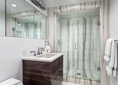 full bathroom with vanity and a shower stall