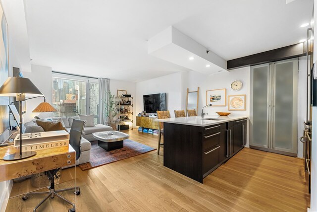 kitchen featuring open floor plan, light countertops, light wood-type flooring, a peninsula, and a sink