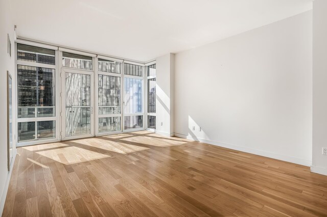 spare room with expansive windows, baseboards, and wood finished floors