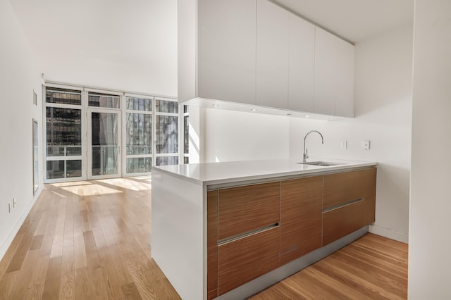 kitchen with brown cabinets, a wealth of natural light, light countertops, light wood-style flooring, and a sink