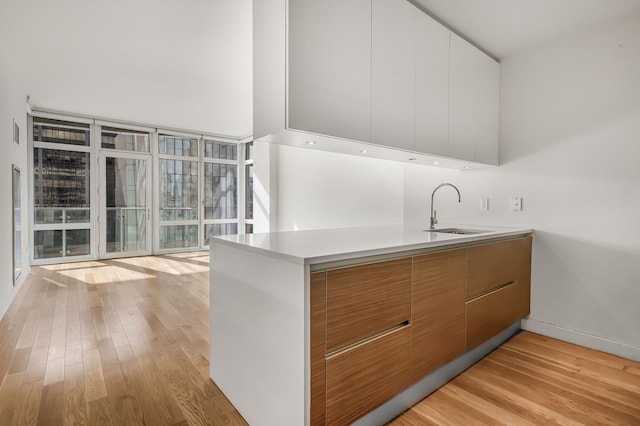 kitchen with a sink, light countertops, brown cabinets, light wood finished floors, and modern cabinets