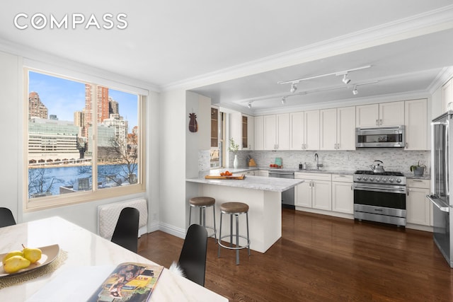 kitchen with a city view, a breakfast bar, a sink, high quality appliances, and white cabinetry