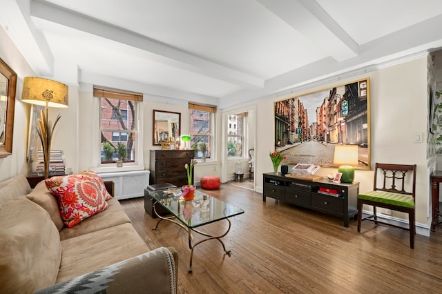 321 E 54th St Unit 2Bc, New York City, NY 10022 - living room with beamed ceiling, plenty of natural light, wood finished floors, and baseboards