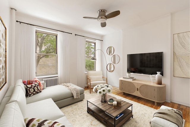 living area featuring ceiling fan, radiator heating unit, wood finished floors, and baseboards