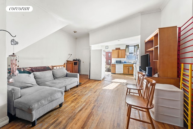 living area featuring light wood-style flooring, visible vents, and crown molding