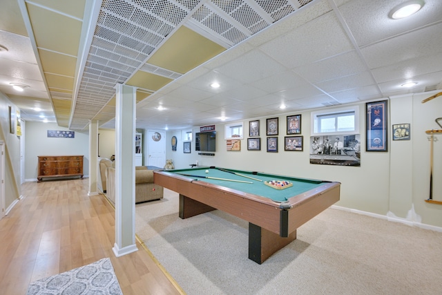 rec room featuring a drop ceiling, billiards, light wood-style flooring, and baseboards