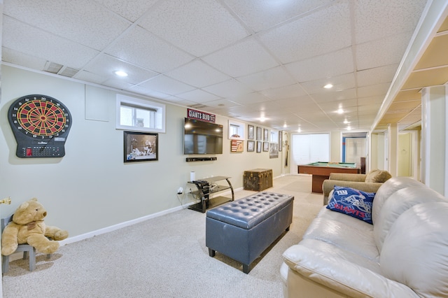 carpeted living area featuring a paneled ceiling, recessed lighting, pool table, visible vents, and baseboards