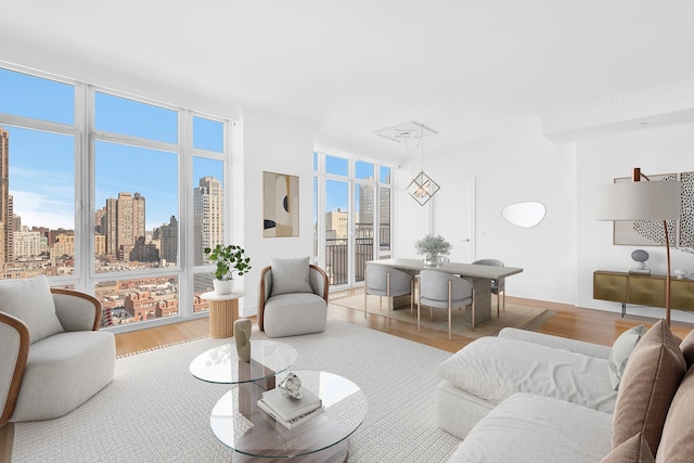 living area with a wealth of natural light, a view of city, and wood finished floors