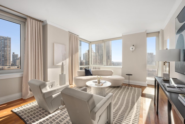 living room featuring a view of city, crown molding, baseboards, and wood finished floors