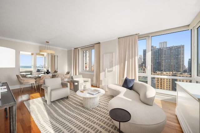 living room with baseboards, a view of city, wood finished floors, and crown molding