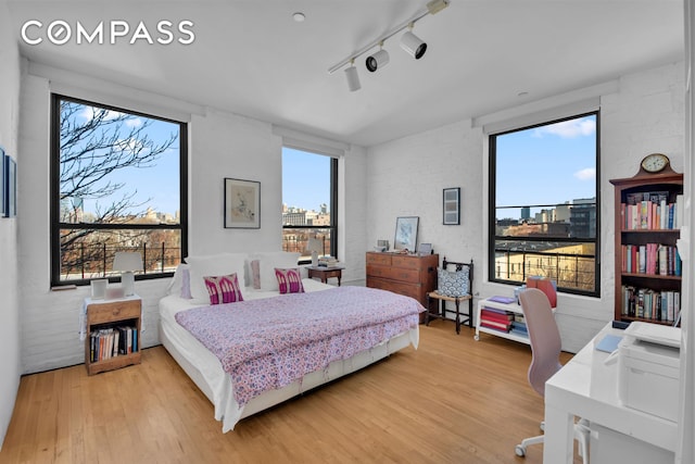 bedroom with multiple windows, light wood-type flooring, and rail lighting