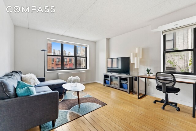 living area with baseboards and wood finished floors