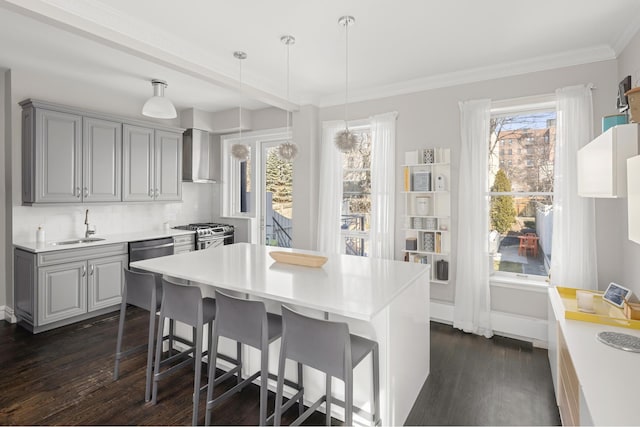 kitchen featuring a sink, dark wood-style floors, wall chimney exhaust hood, and gray cabinets