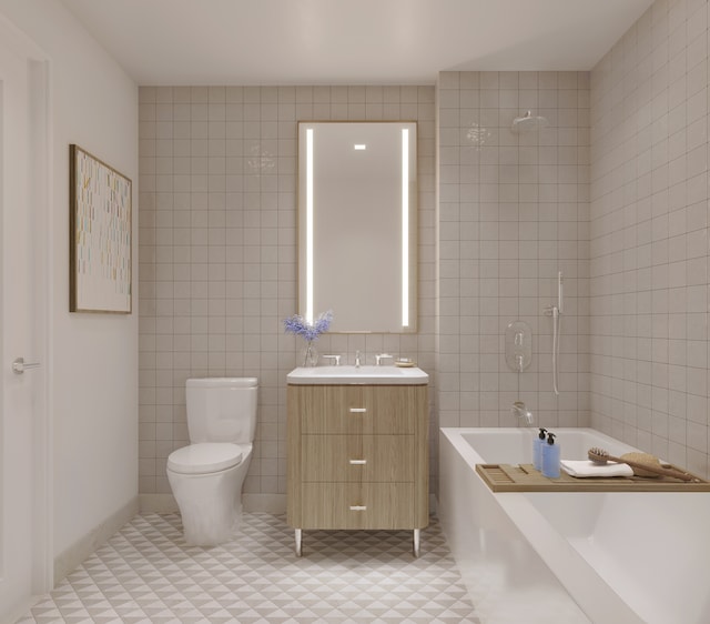 bathroom featuring toilet, tile walls, and vanity