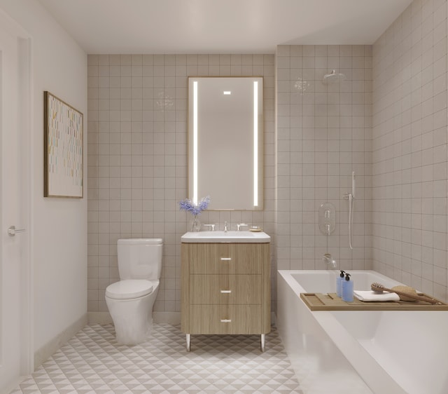 full bath with vanity, toilet, and tile walls