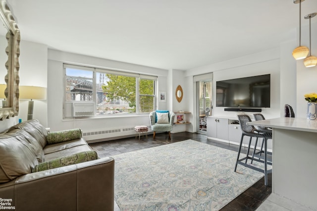 living room featuring radiator heating unit