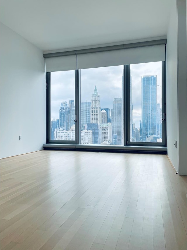 spare room featuring floor to ceiling windows, a city view, and wood finished floors