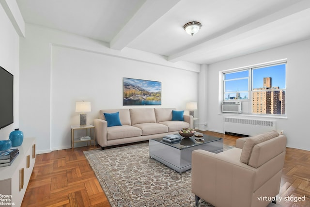 living room featuring radiator heating unit, cooling unit, beam ceiling, and baseboards