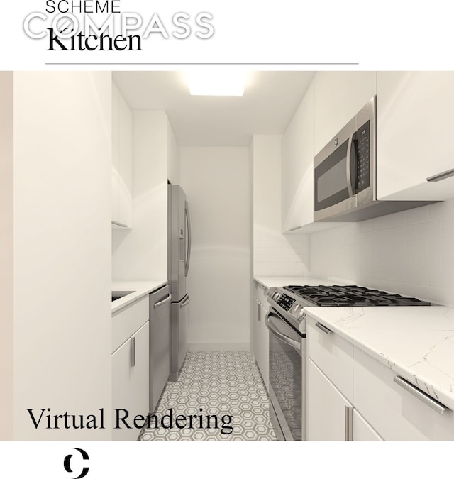 kitchen featuring light tile patterned flooring, stainless steel appliances, white cabinets, backsplash, and light stone countertops