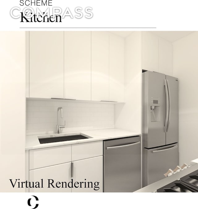 kitchen with a sink, white refrigerator with ice dispenser, light countertops, and stainless steel dishwasher