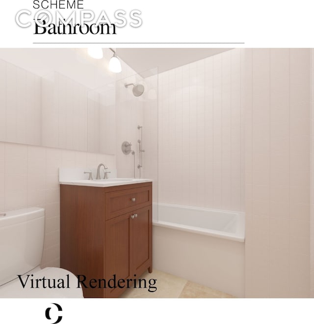 bathroom featuring tub / shower combination, vanity, toilet, and tile walls