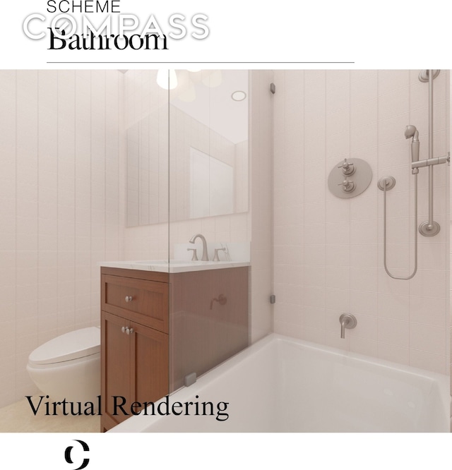 full bathroom featuring toilet,  shower combination, and vanity