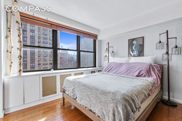 bedroom featuring a city view, baseboards, and wood-type flooring